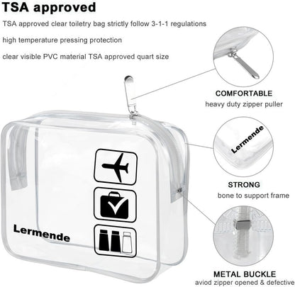 Lermende 2pcs Clear Toiletry Bag TSA Approved Travel Bag,Carry On for Travel,Airport Airline Accessories Compliant Bag,Quart Sized Makeup Cosmetic bag Women Men (Clear, 2 Pack)