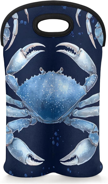 Neoprene Wine Tote, Bottle Carrier Gag Insulating Neoprene Thicker, Insulated Wine Bag for Travel Holds Two Bottles, Bottle Carrier Bags Protect the Bottles, Blue Crab