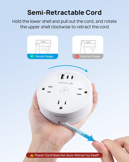 TROND Flat Plug Power Strip - Extension Cord 10FT Semi-Retractable, Power Strip with 3 AC Outlets 3 USB Ports (2 USB C), Cruise Ship Essentials, Desktop Charging Station for Home, Hotel, Dorm