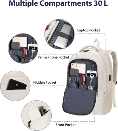 MATEIN 17 Inch Laptop Bookbag for Women, College School Backpack Large Capacity with USB Port & Luggage Strap, Water Resistant Padded Computer Backpack TSA Approved for Nurse Work Travel, Beige