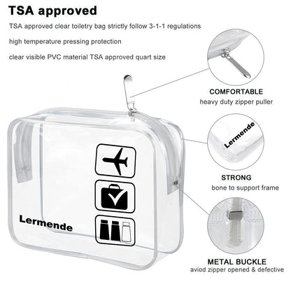 Lermende 2pcs Clear Toiletry Bag TSA Approved Travel Bag,Carry On for Travel,Airport Airline Accessories Compliant Bag,Quart Sized Makeup Cosmetic bag Women Men (Clear, 3 Pack)