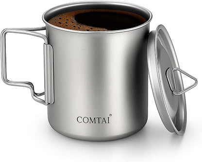 Titanium Camping Pot Mug 15oz (420ml) with Lid and Foldable Handle – Ultralight Camping Cup for Hiking, Backpacking, Outdoor Cooking, Silver