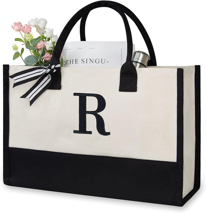 TOPDesign Embroidery Initial Canvas Tote Bag, Personalized Present Bag, Suitable for Wedding, Birthday, Beach, Holiday, is a Great Gift for Women, Mom, Teachers, Friends, Bridesmaids (Letter R)