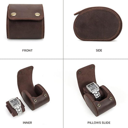 Leather Single Watch Case,Genuine Leather Vintage Watch Roll Travel Case for Storage Organizer Display (1 Slot)