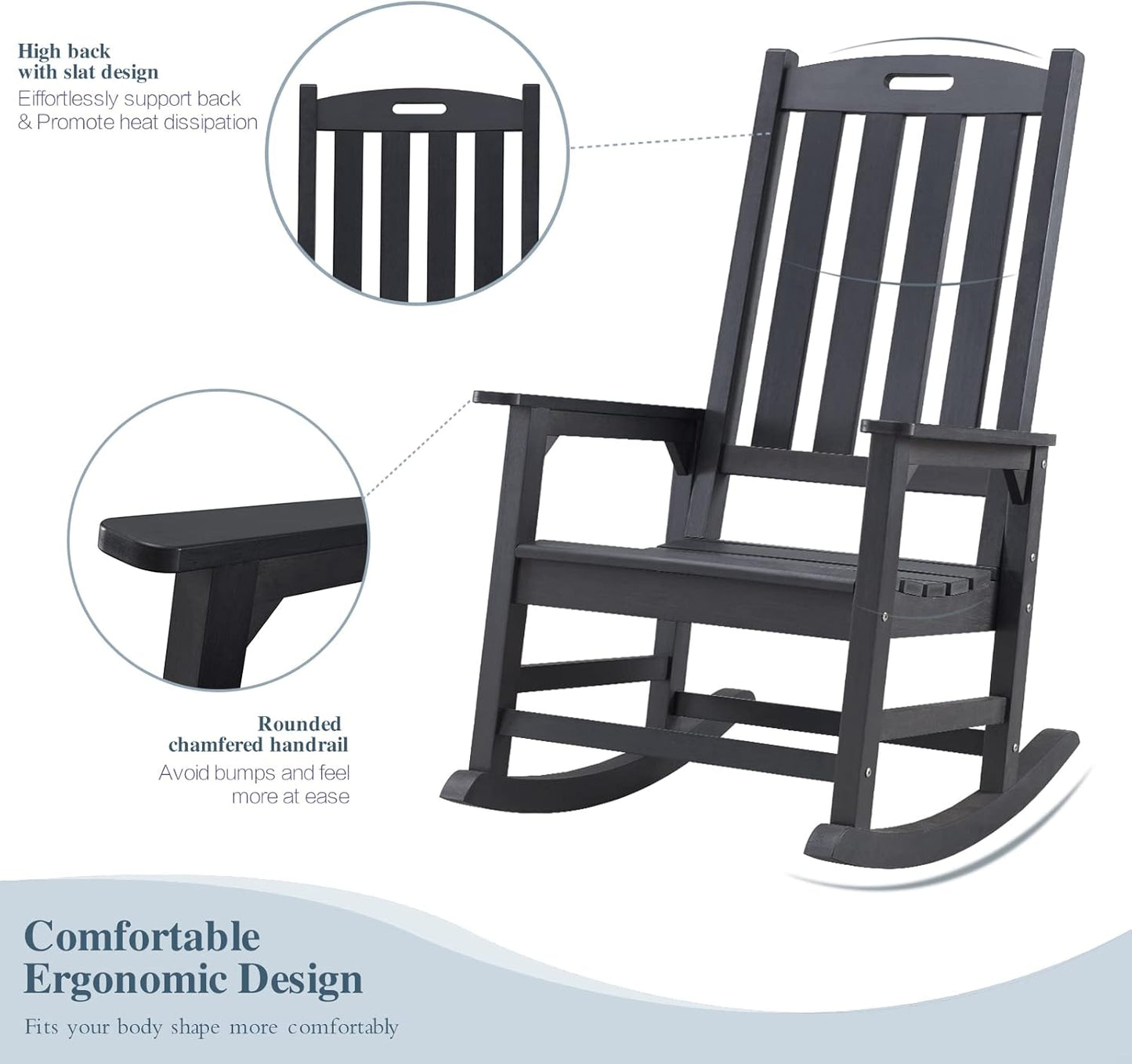 Psilvam Oversized Outdoor Rocking Chair, with 21" Wide Seat and 32" Tall Backrest, Pre-Assembled with Most Components for Effortless Installation (Carbon Black)
