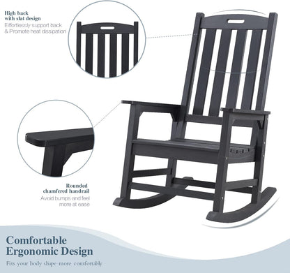 Psilvam Oversized Outdoor Rocking Chair, with 21" Wide Seat and 32" Tall Backrest, Pre-Assembled with Most Components for Effortless Installation (Carbon Black)