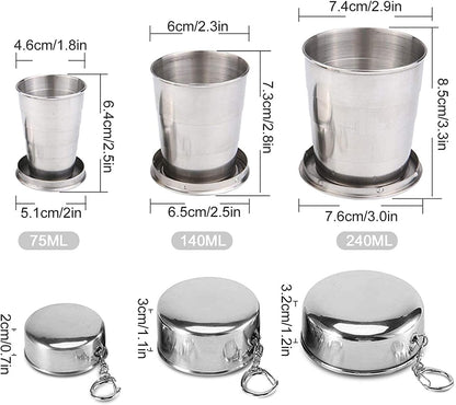 Guyuyii 3-Pack Collapsible Cups with Lid and Keychain – Stainless Steel Foldable Drinkware for Travel, Outdoor Activities, Home Use, Camping, Work, Events, Daily Hydration, and Amusement Parks