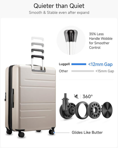 LUGGEX Checked Suitcase with Spinner Wheels, FLO5 Expandable Polycarbonate Hard Shell Suitcase with TSA Approved Lock (FX-Core, Beige, 28 Inch)