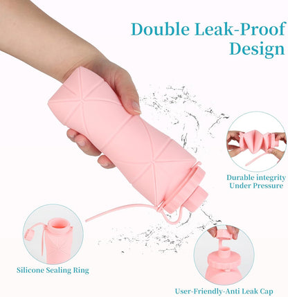 Silicone Collapsible Water Bottles,Lightweight Reusable Leakproof For Traveling Camping Hiking Cycling Sports Outdoor,Foldable Portable Travel Water Bottle 600ML Pink 1Pack.