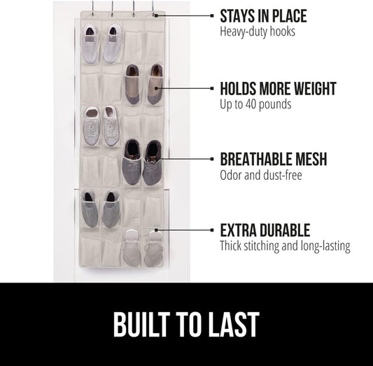 GORILLA GRIP Over the Door Shoe Organizer, 24 Large Breathable Mesh Pockets, Space Saving Hanging Storage Holder, Closet Rack Hanger Holds Up to 40 lbs, Hangs on Closets for Shoes, Accessories, Linen