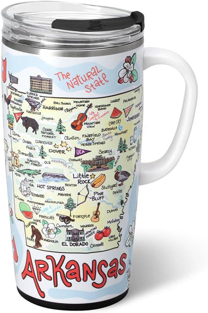 Swig Life 22oz Travel Mug, Insulated Tumbler with Handle and Lid, Travel Coffee Mug, Cup Holder Friendly, Stainless Steel 22 oz Tumbler, Reusable Insulated with Lid (Arkansas)