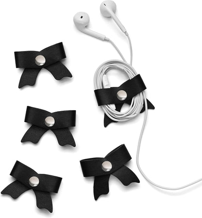 SenseAGE 5 Pack Cord Organizer, Bow Cord Keeper, Cable Organizer USB Holder, Leather Cable Management, Cable Straps, Earphone Winder, Storage Straps for Electronics, Earbuds, Small, Black