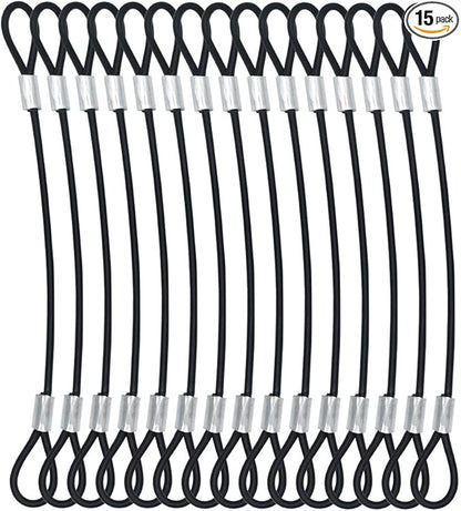 15 pcs 7.9 inch (20cm) 3mm Thickness Galvanized Steel Wire Cable with Loops Vinyl Cover Coated Short Rope Lanyard Lock Safety Tether Chains, Black