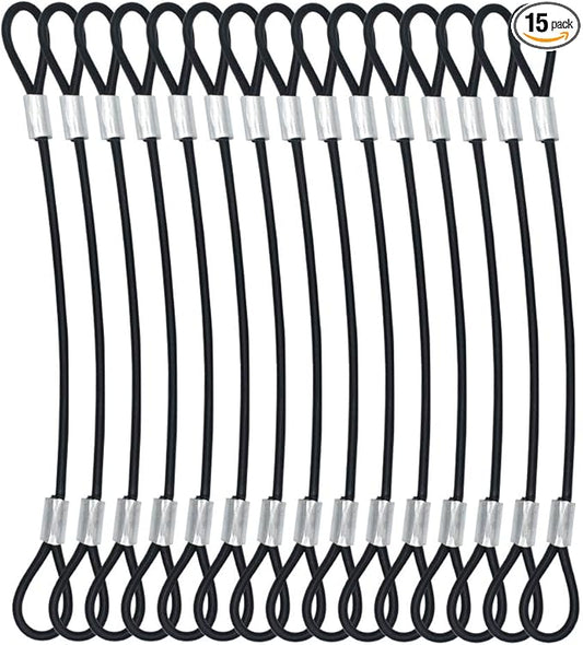 15 pcs 7.9 inch (20cm) 3mm Thickness Galvanized Steel Wire Cable with Loops Vinyl Cover Coated Short Rope Lanyard Lock Safety Tether Chains, Black