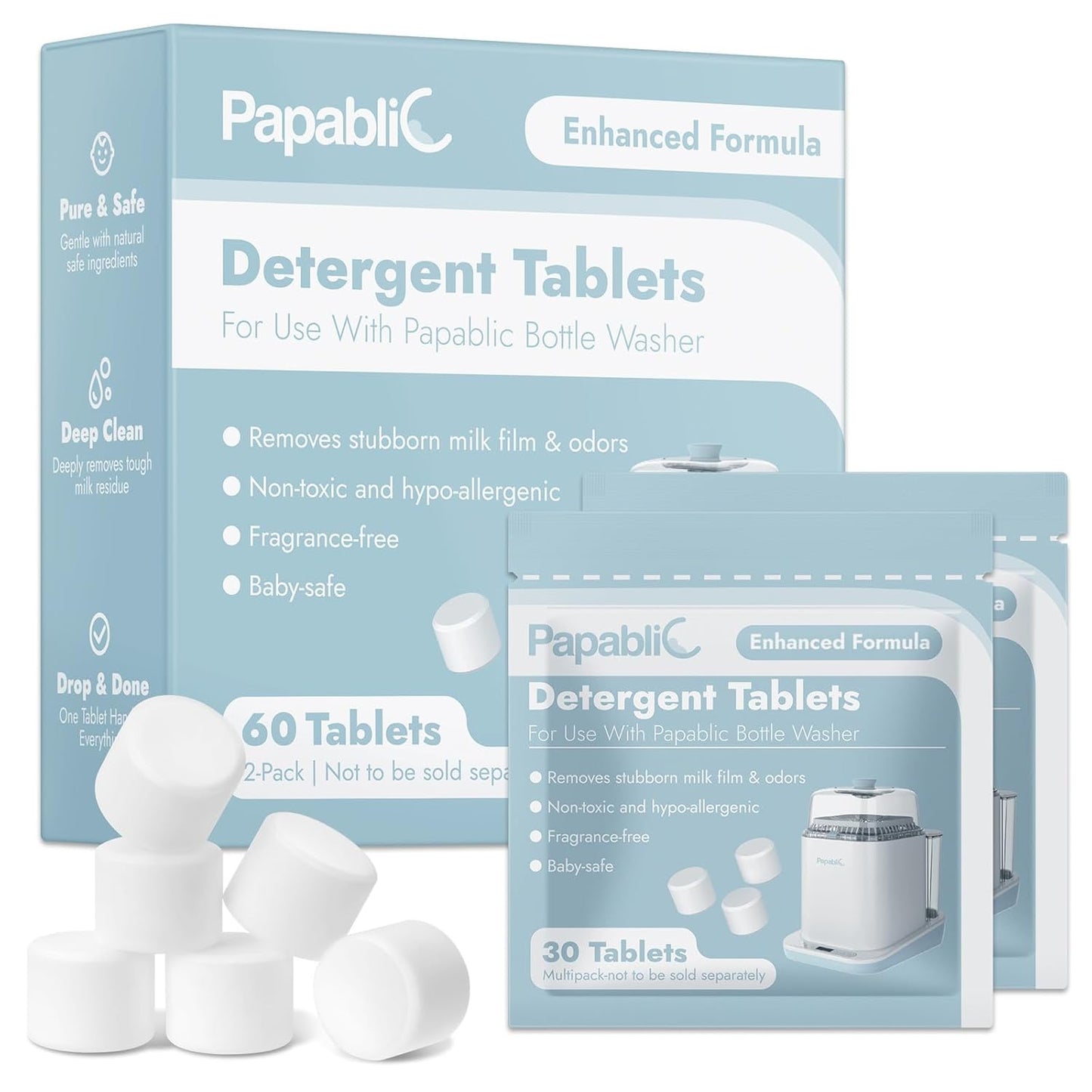 Papablic 60Pcs Official Detergent Soap Tablets for Baby Brezza, GROWNSY, Momcozy Bottle Washer Pro & Portable Bottle Warmer, Compact Travel-Friendly Packs Washing Block