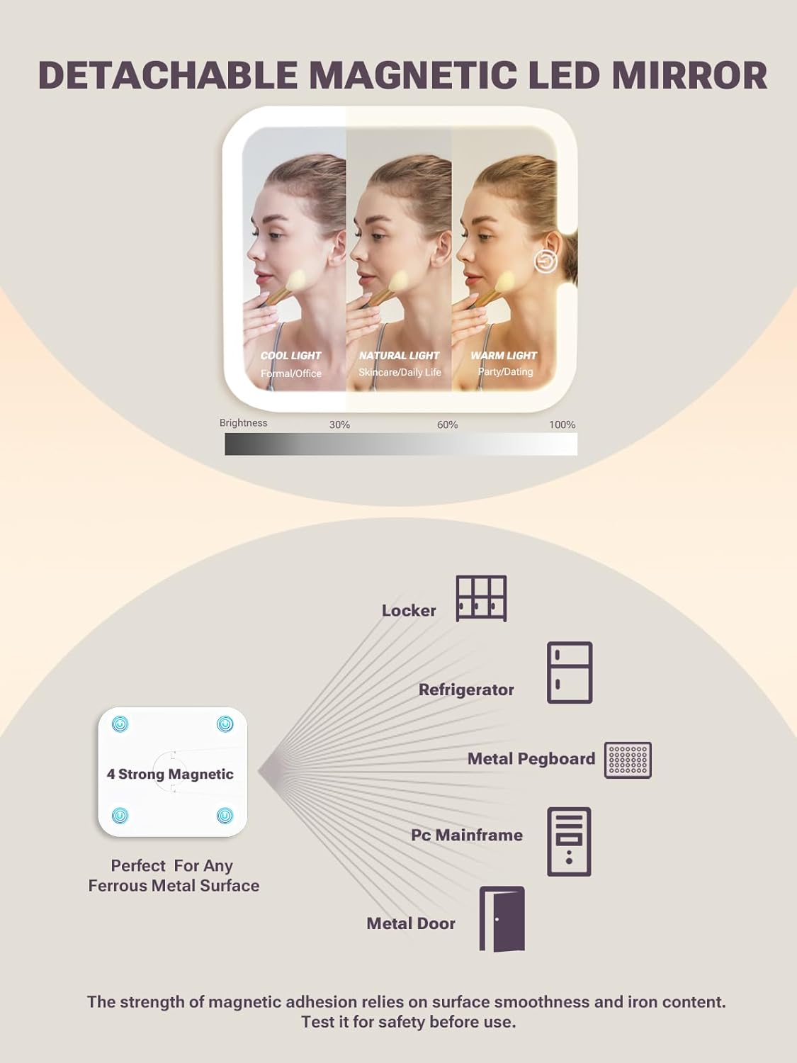Qislee Makeup Box with A Detachable Lighted Mirror, Waterproof Travel Train Case, Cosmetic Organizer and Makeup Suitcase with Adjustable Dividers, Magnetic LED Mirror(Sparkling Pink)