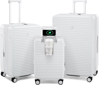 Hard Shell Suitcases Expandable Travel Luggage Sets 3 Piece, Carry on and Check in 3 Piece Luggage Suitcase Sets with Spinner Wheels Cup Holder Charger Built in (White, 20/24/28)