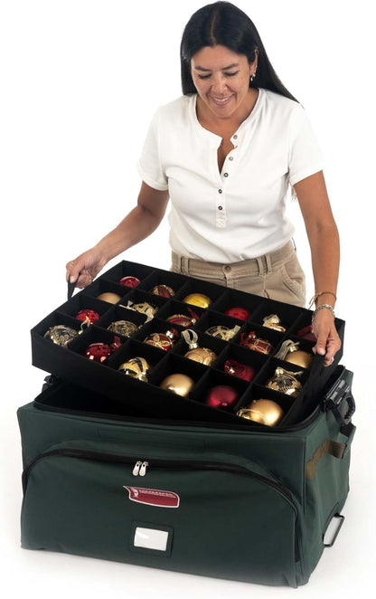TreeKeeper (Green Christmas Ornament Storage Box with Dividers) - Deluxe Ornament Keeper - Holds 72 Ornaments up to 4 Inches in Diameter | 3 Removable Trays with Separators | Acid-Free Fabric Lining