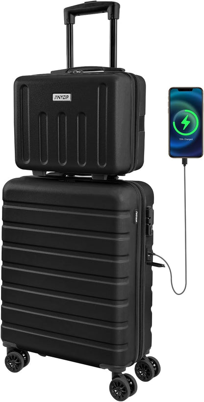 AnyZip Suitcase, 20" Carry On Luggage 14" Mini Cosmetic Cases Luggage Sets Hardside PC ABS Lightweight USB Suitcase with Wheels TSA for kids (2-Piece Set (14/20),Black)