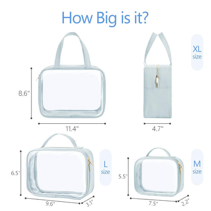 PACKISM Clear Toiletry Bags - 3 Pack Makeup Bags with Handle, Large Opening, Waterproof Cosmetic Bags for Travel Essentials, Grayish Blue