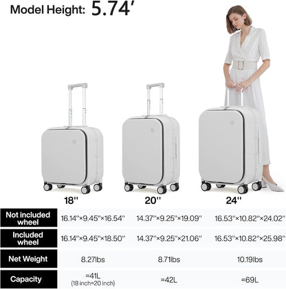 mixi Carry On Luggage, 18” Suitcase with Front Laptop Pocket, Travel Luggage Aluminum Frame PC Hardside with Spinner Wheels & TSA Lock and Cover (Not for Underseat), Smoke White