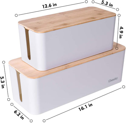2 Pack Large Cable Management Box – Wooden Style Cord Organizer and Cover for TV Wires, Computer, Router, USB Hub and Under Desk Power Strip – Safe ABS Material and Baby-Pets Proof Lock (White)