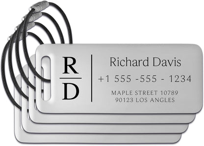 Personalized Luggage Tags for Suitcases 4 Pack - Stainless Steel Custom Luggage Tags for Backpacks & Bags, Sturdy, Waterproof & Heavy Duty (Silver / 3" x 1.25")