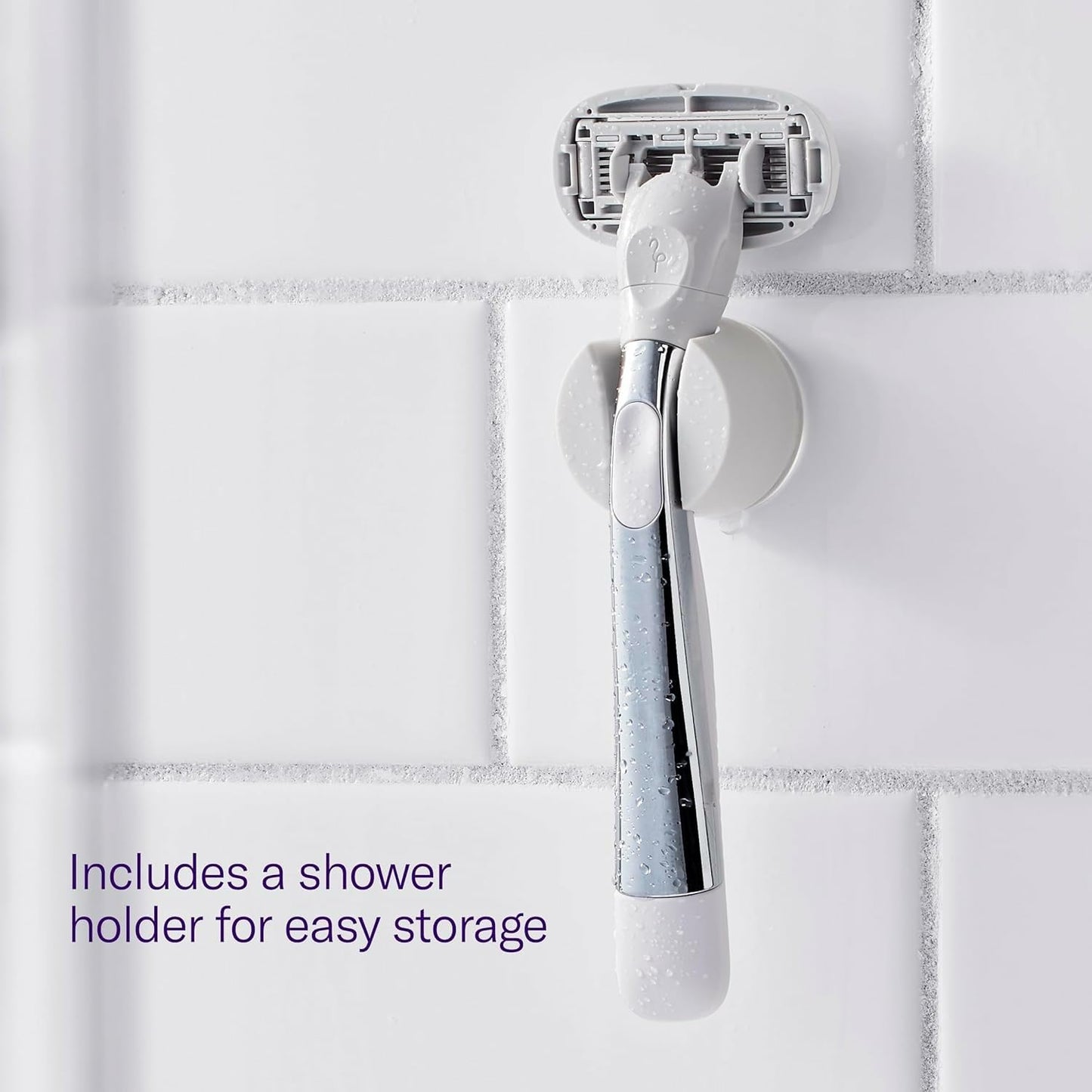 Flamingo Shaving Razor Set for Women - Razor Handle, 4 Razor Blade Refills, Shower Holder - Chrome