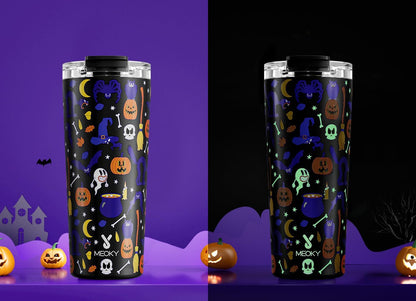 Meoky 24 oz Halloween Travel Coffee Mug with Leak-proof Lid, Glow in the Dark Stainless Steel Insulated Coffee Tumbler, Keeps Hot for 8 Hours, Fits in Car Cup Holder(Haunted Pumpkin)