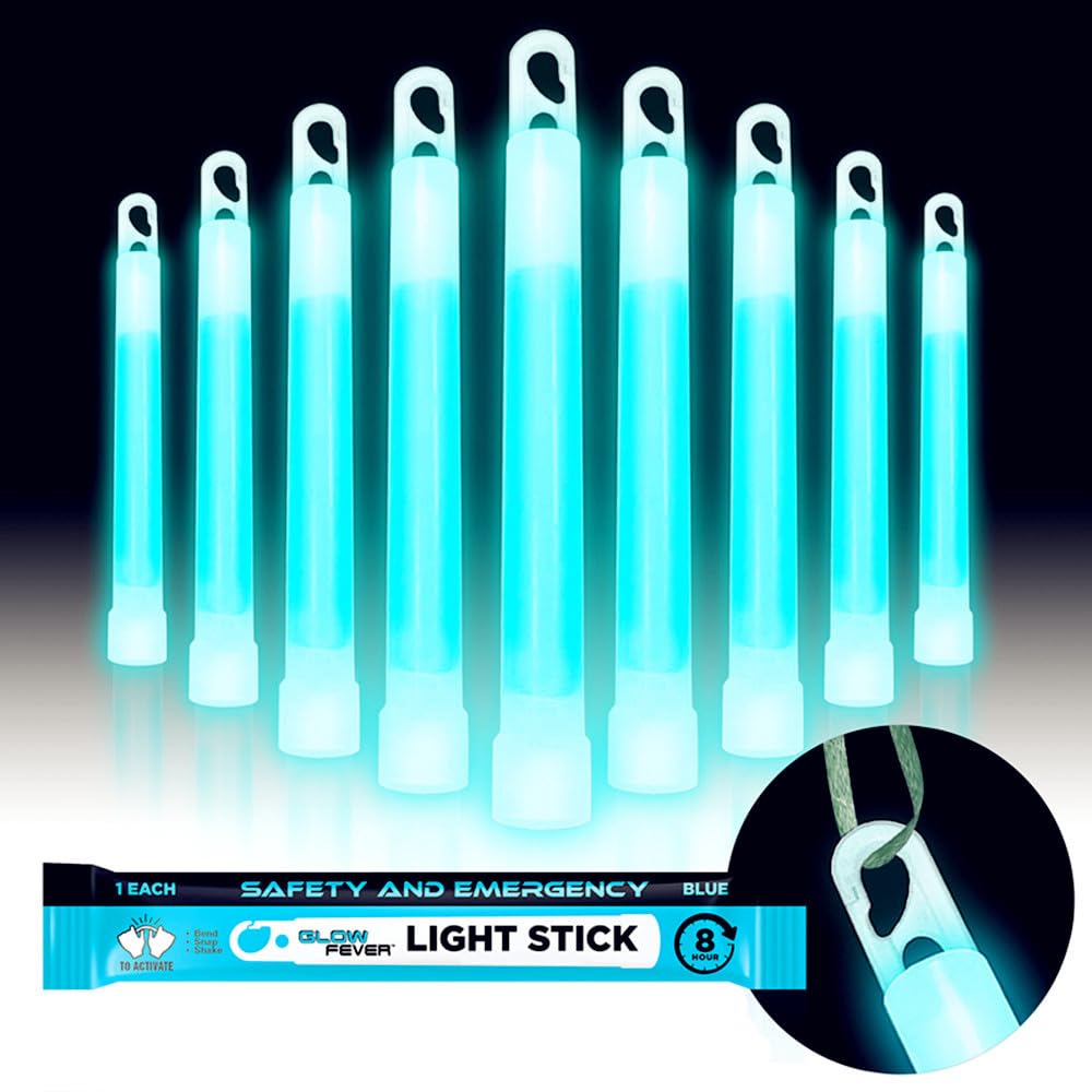 Glow Fever Emergency Safety Military Grade Glowsticks; 10PCS, 6" Ultra Bright Glow Sticks with 8 Hours Duration. Great for Hiking, Party, Camping, Blackouts, Hurricane and Survival Kits (Blue)