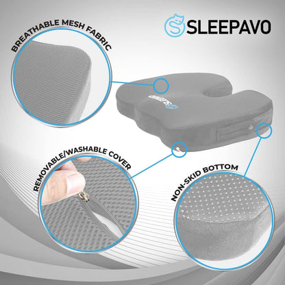 Sleepavo Office Chair Cushion - Seat Cushion for Tailbone Pain Relief - Butt Pillow for Coccyx, Sciatica, and Lower Back Pain - Orthopedic Chair Pad for Lumbar Support in Office Desk (Gray)