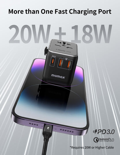 MOMAX Universal Travel Adapter, 20W+18W International Plug Adapter with 2 USB-A Quick Charging & 1 USB C PD Fast Charging,1 AC, All-in-one Wall Charger for USA EU UK AUS JP (Type C/A/G/I)