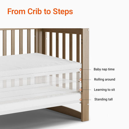 EvoNest Baby Crib, 6 in 1 Convertible Mini Crib with Wheels, 100% New Zealand Wood Growing Bed, 4 Adjustable Mattress Height，Walnut Brown