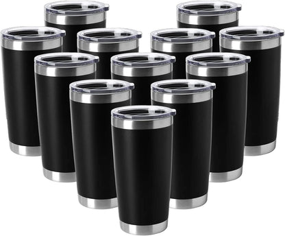 HASLE OUTFITTERS 20oz Tumblers Stainless Steel Mugs with Lid Double Wall Vacuum Insulated Coffee Cups for Cold & Hot Drinks (20oz-Black, 12 Pack)