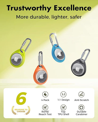 UNBREAKcable AirTag Holder for Apple - 4 Pack Air Tag Case [Professional Carabiner] [Waterproof] [Shockproof] TPU AirTag Keychain for Kids, Pets, Keys, Luggage, Backpacks