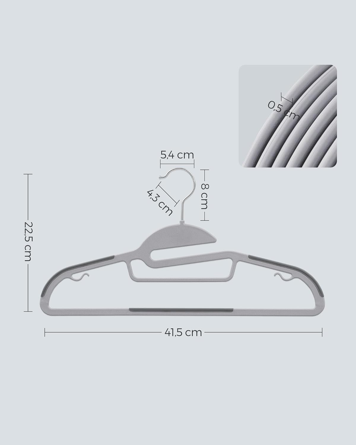 SONGMICS 50 Pack Coat Hangers, Heavy-Duty Plastic Suit Hangers, S-Shaped Opening, Space-Saving, 360º Swivel Hook, 16.3 Inches Wide, Light Gray and Dark Gray UCRP41G-50