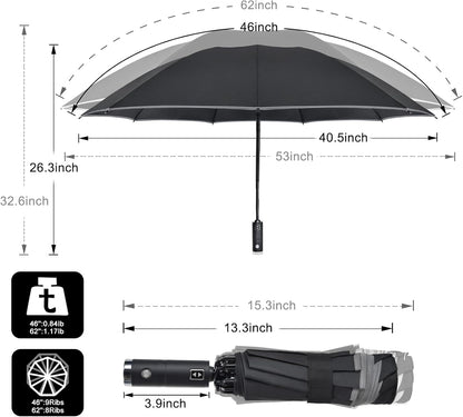 Lejorain Folding Reverse LED Umbrella - Upside Down Reflective Umbrellas Compact Inverted Travel Windproof Umbrella Auto Open Close for Rain