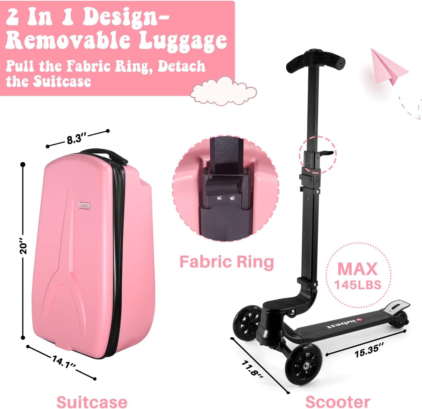 MRPLUM 20" Ride-On Suitcase with Detachable Scooter for Kids,Foldable Hardshell Carry-On Luggage for Toddlers Ages 4-15 with Adjustable Handle,Easy Steering&Brake(Airplane Approved)