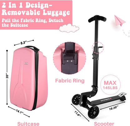 MRPLUM 20" Ride-On Suitcase with Detachable Scooter for Kids,Foldable Hardshell Carry-On Luggage for Toddlers Ages 4-15 with Adjustable Handle,Easy Steering&Brake(Airplane Approved)