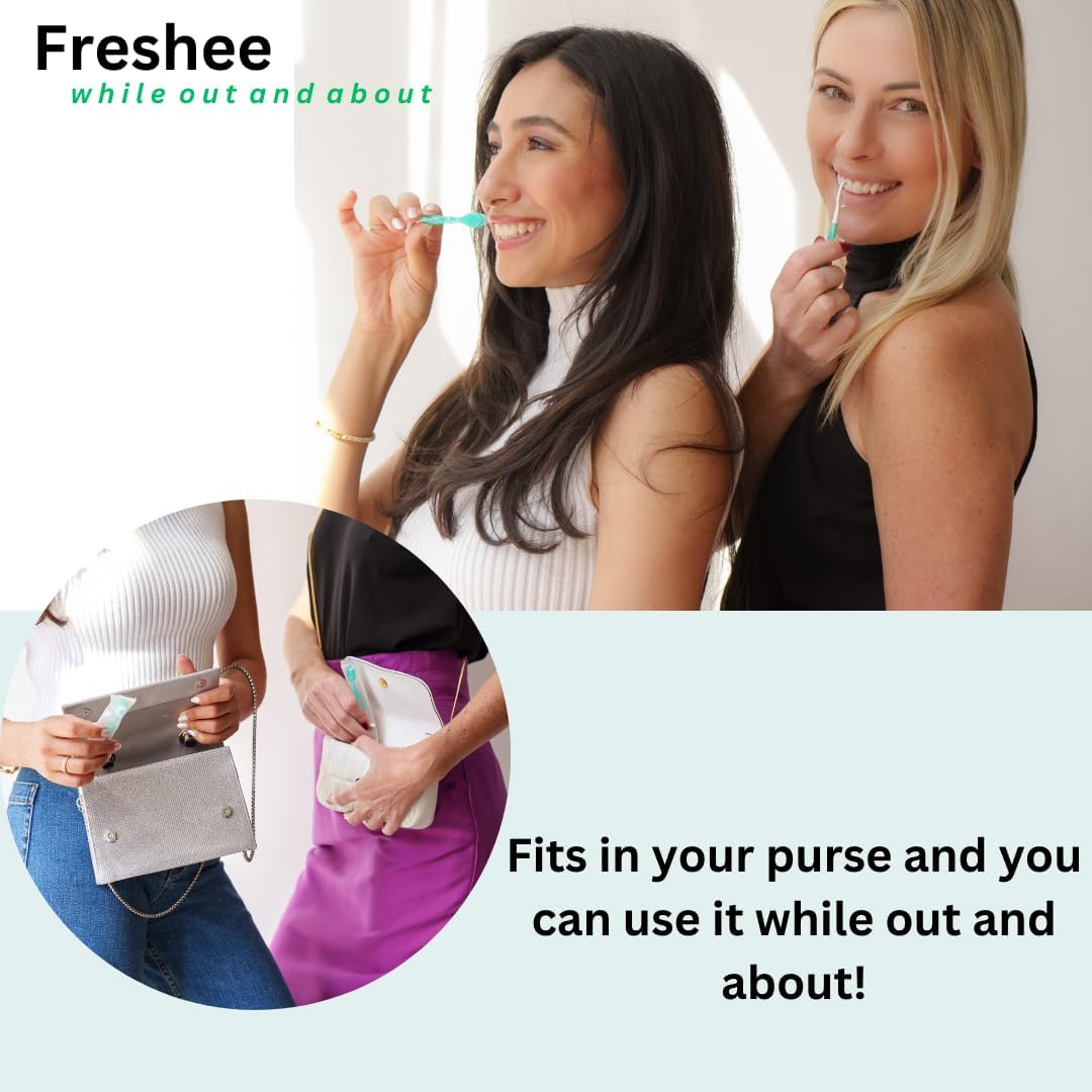 Freshee Bead -5 in 1 Disposable Mini Toothbrush with Refreshing Bead + Floss + Pick + Tongue Scraper | Travel Size | Individually Wrapped | Soft | Extra Minty | Travel Set