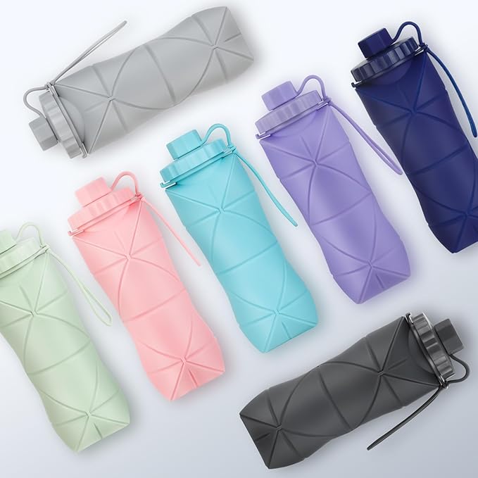 YCT Collapsible Silicone Travel Water Bottle 20oz (600ml), Reuseable Leakproof BPA Free Foldable Sports Bottle, with Carrying Strap, Pink