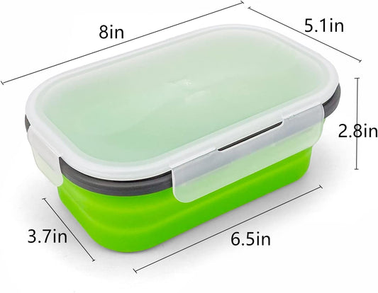 Green Food Grade Silicone Lunch Container Bento Box, Collapsible Food Storage Containers with Airtight Lids and 2in1 Fork, Reusable Food Container for Travel Camping, 1000ml Microwave Container