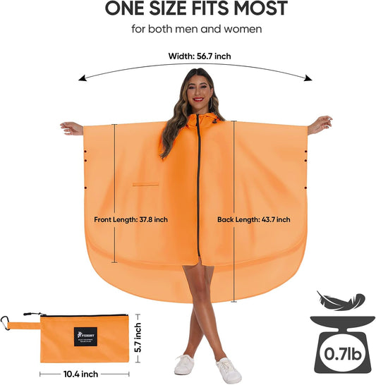 PTEROMY Hooded Rain Poncho for Adult with Pocket and Zipper, Waterproof Lightweight Raincoat for Men and Women