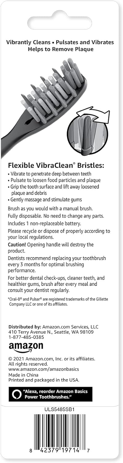 Amazon Basics Soft Toothbrushes for Adults - Pulsating Deep Cleaning with Soft Bristles, 2 Count, Assorted Colors