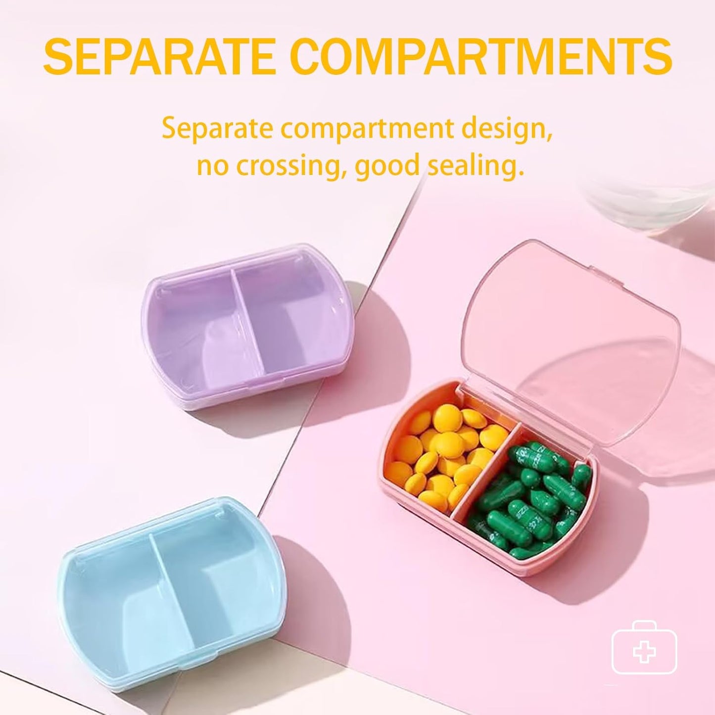 2PCS Small Pill Case Travel Pill Box Cute Pill Organizer for Purse Portable Daily Medicine Organizer 2 Compartment Pill Holder for Vitamins, Fish Oil, Supplements