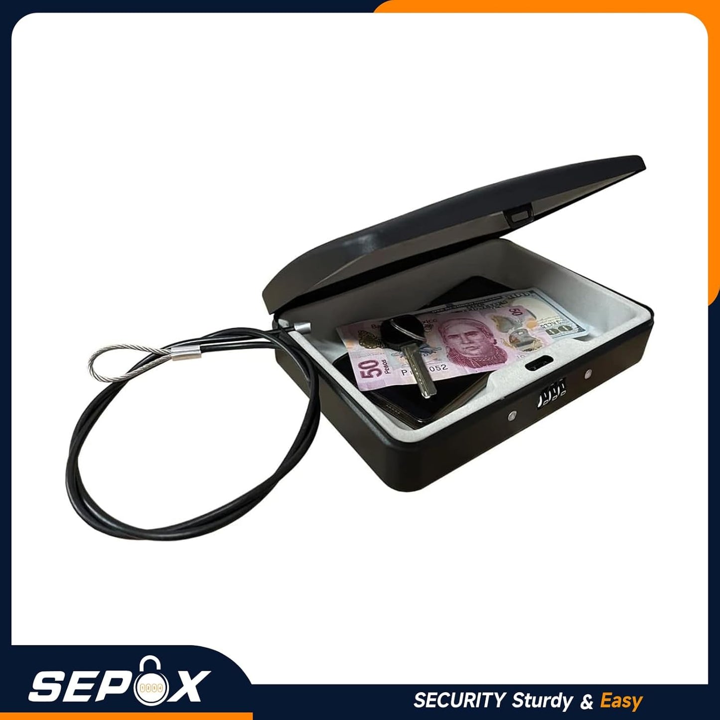 SEPOX 10Pcs Portable Security Case Lock Box Steel, Personal Travel Safe Storage Cabinet for Small Item, with 3 Ft Security Cable& Ressetable Combination Lock for Office, Car, Sports, Water Resistant