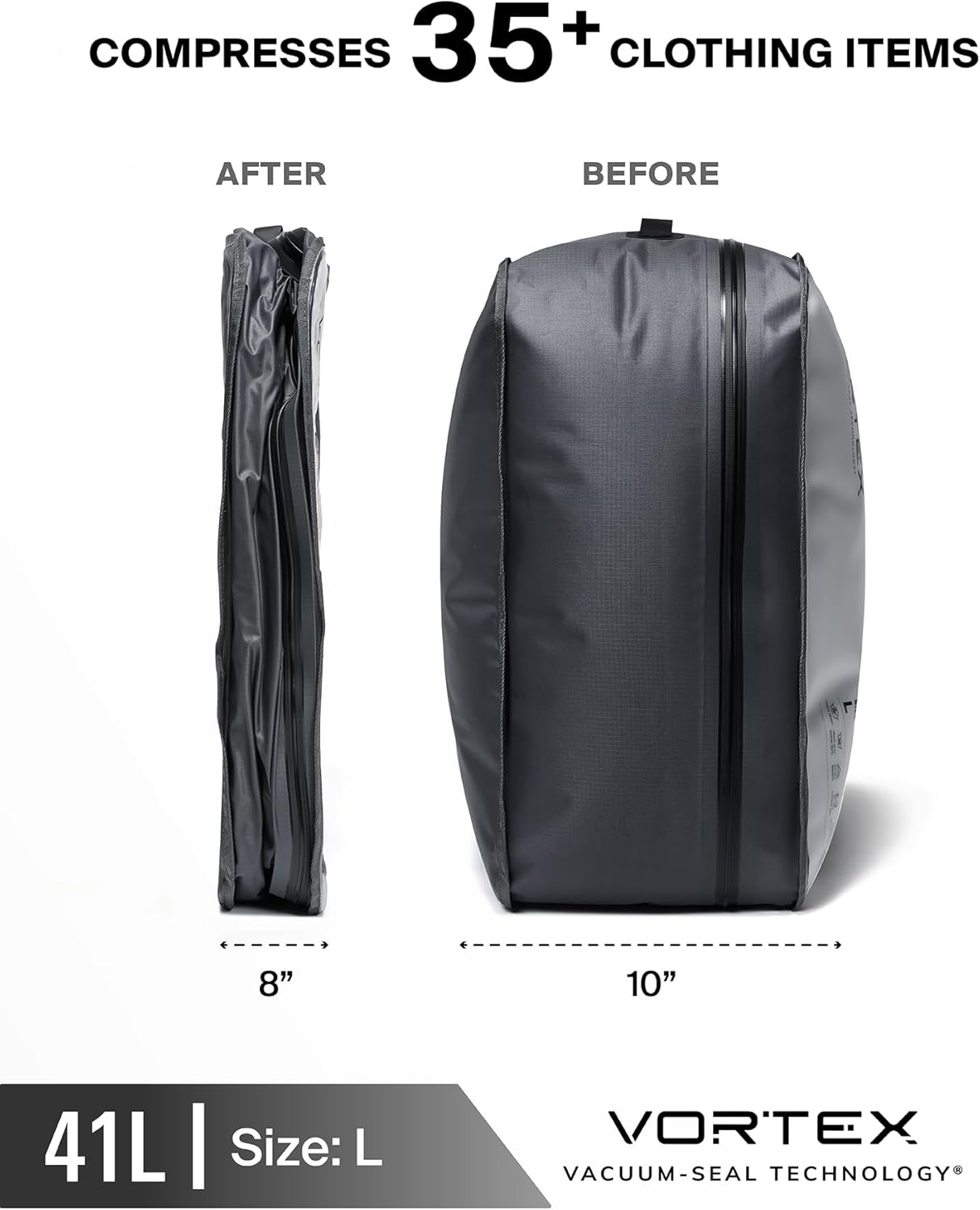 Black Voyage Reusable Vacuum Compression Travel Bag for Carry-On Suitcase and Backpack, Recycled IP67 Waterproof Space Saver Vacpack (1-Pack, 41L - No Pump)