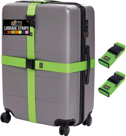 GORILLA GRIP Heavy Duty Adjustable Luggage Straps for Suitcases, Easy to Identify Travel Belt Connector Holds Suitcase Together, Holiday Travel Gift, Stocking Stuffer, Accessories, 2 Pack Green