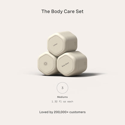 Cadence Travel Containers - Body Care Capsule Set - Magnetic Containers with Lids,Carry On Travel Essentials for Women/Men - 3 Flex Mediums (1.32oz) - Body Wash, Lotion & Sun Icon Labels - Sand