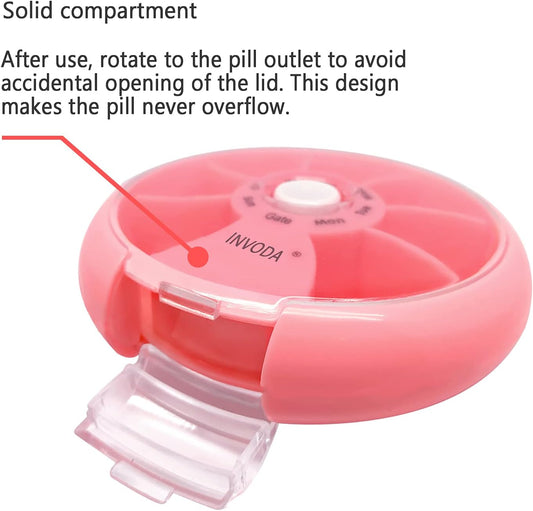 INVODA Weekly Pill Organizer 7 Compartment Rotating Pill Box for Daily Medication & Vitamins - Portable Travel Pill Case Fish Oil Supplements Vitamins Organizer (Pink+Green)